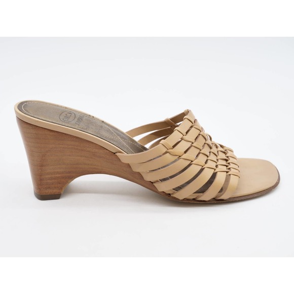 Circa Joan David Sandals Womens 7 Tan Leather Slide Strappy Weaved Open Toe Heel - Picture 4 of 11